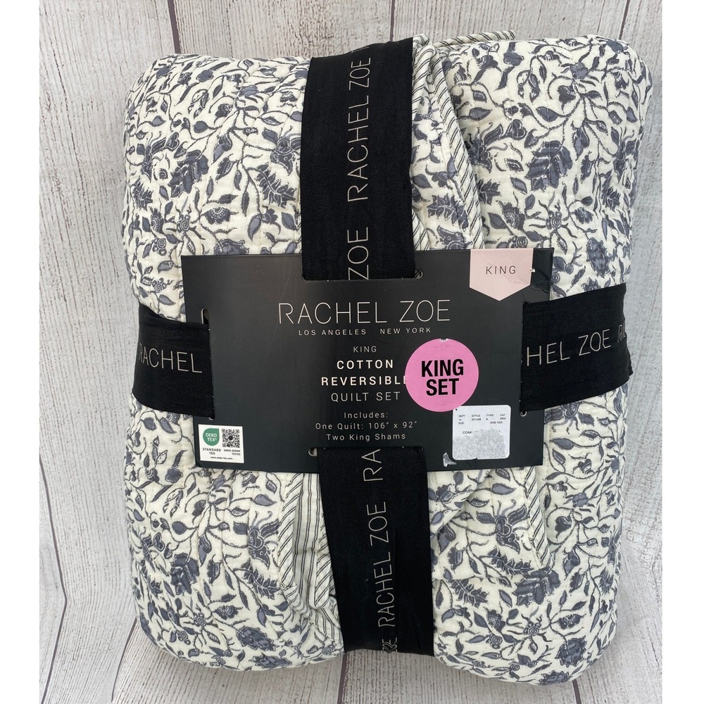 Rachel Zoe Quilt Set King White Blue Reversible Floral Cotton Cottagecore